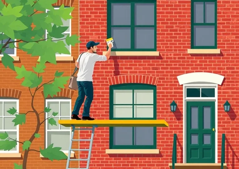 Peintre sur échafaudage traitant la façade d'une maison